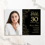 Black Gold Elegante Überraschung Foto 30. Geburtst Einladung<br><div class="desc">Schwarz und Gold überraschen 30. Geburtstag Party Einladung mit Ihrem Foto auf der Vorderseite der Karte. Elegantes modernes Design mit botanischen Kontur Zeichnungen Akzente und Typografie Drehbuch Schriftart. Einfache,  trendige Einladungskarte für eine stilvolle Damenfeier. Kann für jedes Alter angepasst werden. Gedruckte Zazzle Einladungen oder Sofortdownload digitalen druckbaren Vorlage.</div>