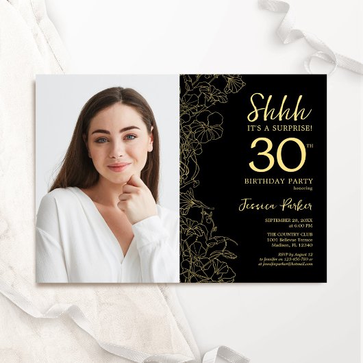 Black Gold Elegante Überraschung Foto 30. Geburtst Einladung