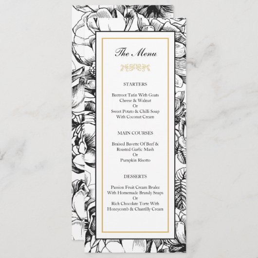 Black & Gold Elegante Wedding Party Menu Card Einladung (Vorne/Hinten)