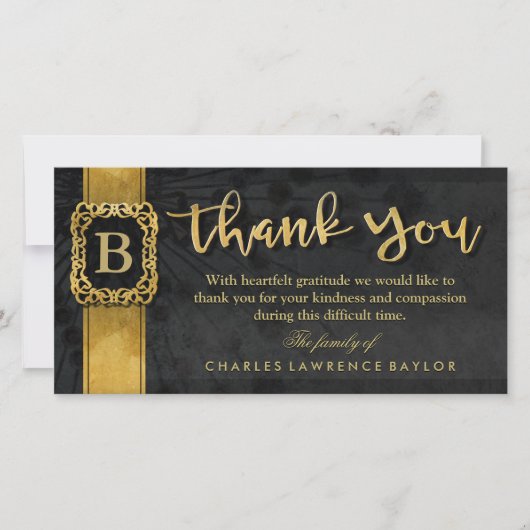 Black & Gold elegantes Monogram Beileid Vielen Dan Dankeskarte (Vorderseite)