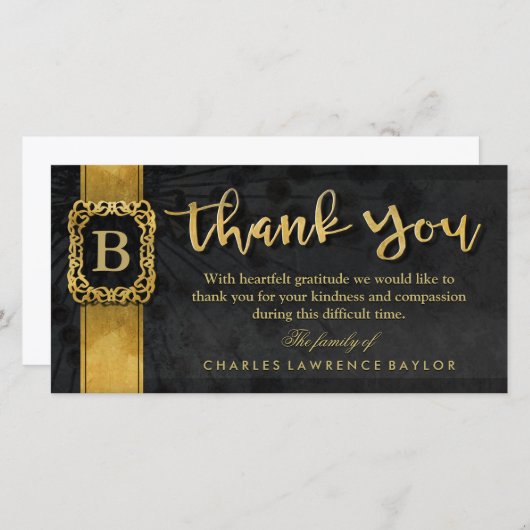 Black & Gold elegantes Monogram Beileid Vielen Dan Dankeskarte (Vorne/Hinten)