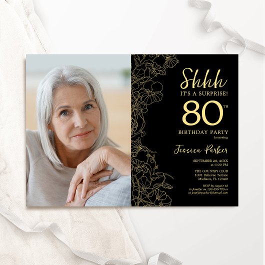 Black Gold Elegantes Überraschungs-Foto 80. Geburt Einladung