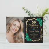 Black Gold Emerald Green Foto 50. Geburtstag Einladung (Stehend Vorderseite)