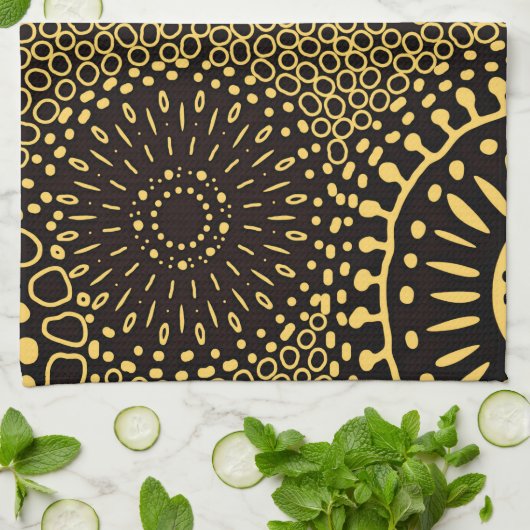 Black Gold Ethnic Floral Pattern Kitchen Towel Geschirrtuch (Gefaltet)