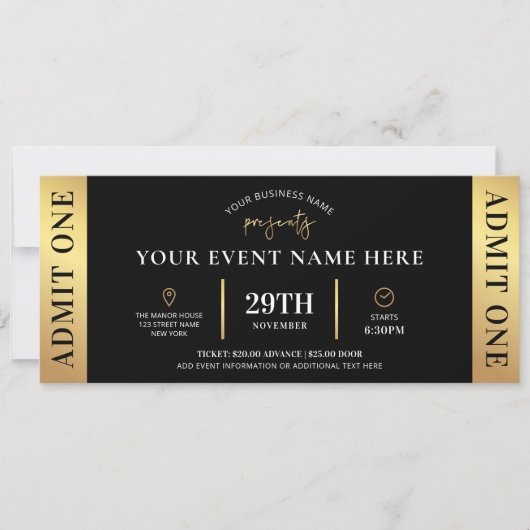 Black & Gold Event Ticket Business Logo Admit One Einladung (Vorderseite)