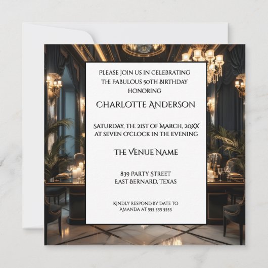 Black Gold Fabulous Art Deko Saal Ethnische Frau Einladung (Rückseite)