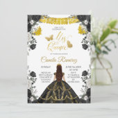 Black & Gold Fiesta Butterfly Mis XV Anos Einladung (Stehend Vorderseite)