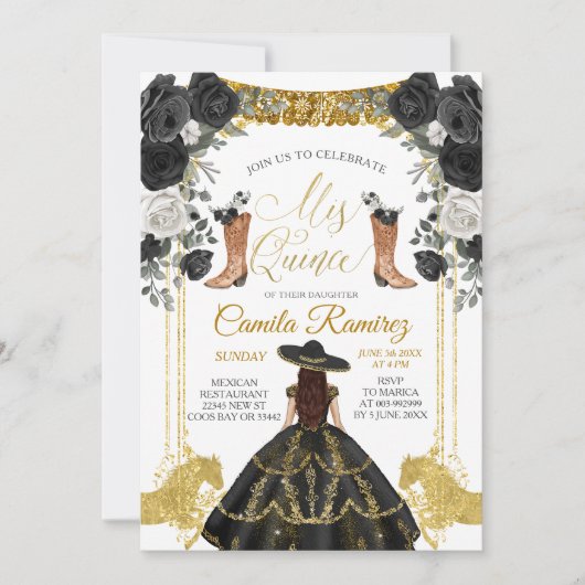 Black & Gold Fiesta Butterfly Mis XV Anos Invitati Einladung (Vorderseite)