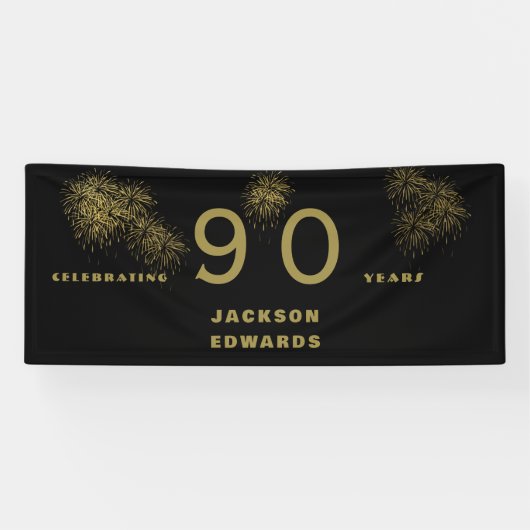 Black & Gold Fireworks 90. Black Birthday Party Banner (Horizontal)