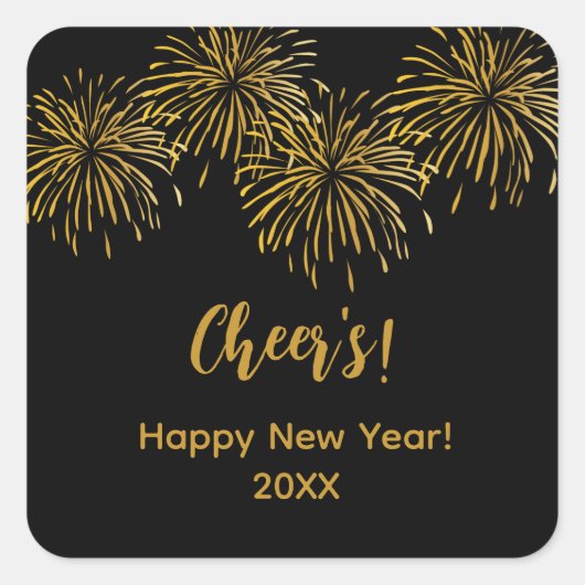 Black Gold Fireworks Frohes Neues Jahr Party Quadratischer Aufkleber (Vorderseite)