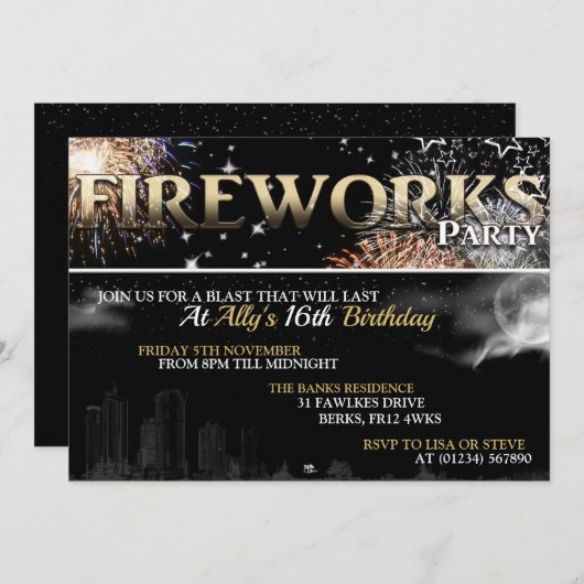 Black & Gold Fireworks-Party Einladungen (Vorne/Hinten)