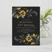 Black Gold Floral 100th Birthday Party Einladung (Stehend Vorderseite)