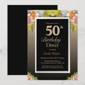 Black Gold Floral 50. Geburtstag Abendessen Einladung
