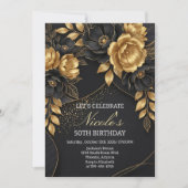 Black & Gold Floral 50th Birthday Einladung (Vorderseite)