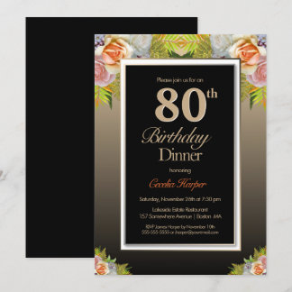 Black Gold Floral 80. Geburtstag Abendessen Einladung