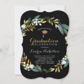 Black Gold Floral Abschluss Einladung (Vorderseite)