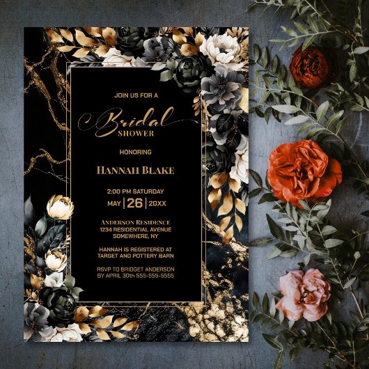 Black Gold Floral Brautparty Einladung