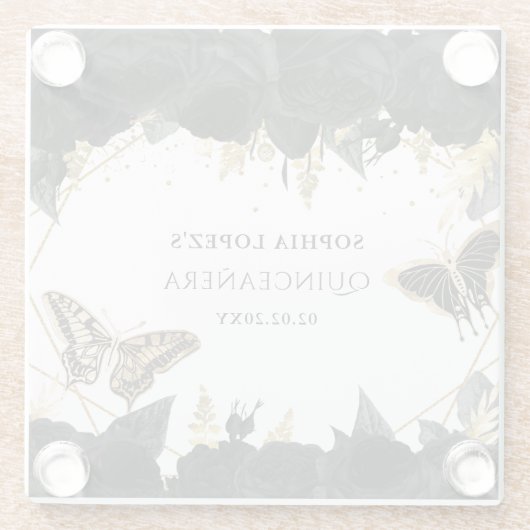 Black Gold Floral Butterfells Quinceanera Glasuntersetzer (Rückseite)