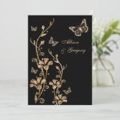 Black Gold Floral Butterflies Einladung Hochzeit (Stehend Vorderseite)