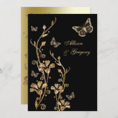 Black Gold Floral Butterflies Einladung Hochzeit (Vorne/Hinten)