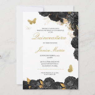 Black & Gold Floral Butterfly Elegantes Quinceñera Einladung
