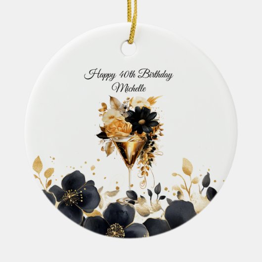 Black Gold Floral Cocktail Drinks 40th Birthday Keramik Ornament (Vorne)