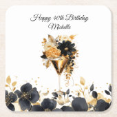 Black Gold Floral Cocktail Drinks 40th Birthday Rechteckiger Pappuntersetzer (Vorderseite)