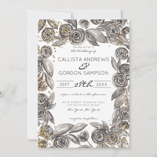 Black Gold Floral Confetti Hochzeit Einladung (Vorderseite)