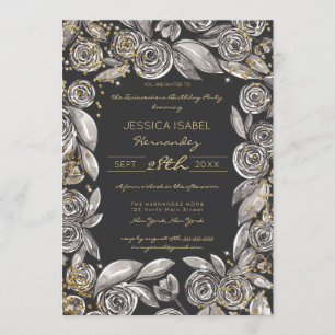 Black Gold Floral Confetti Wasserfarbe Quinceañera Einladung