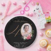 Black Gold Floral Custom Foto 40. Geburtstag Pappteller (Party)