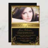 Black & Gold Floral Foto Graduation Party - Einlad Einladung (Vorne/Hinten)