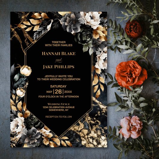 Black Gold Floral Geometric Wedding Einladung
