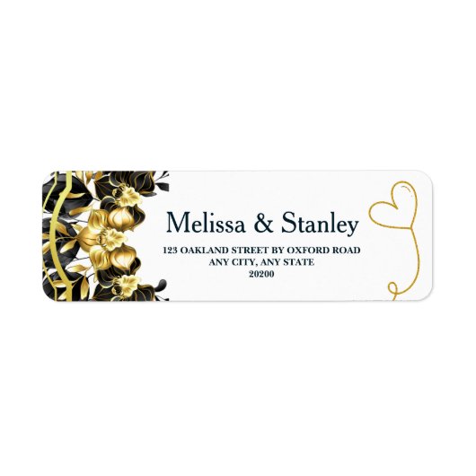 Black Gold Floral Geometric Wedding Rücksendeadres (Vorne)