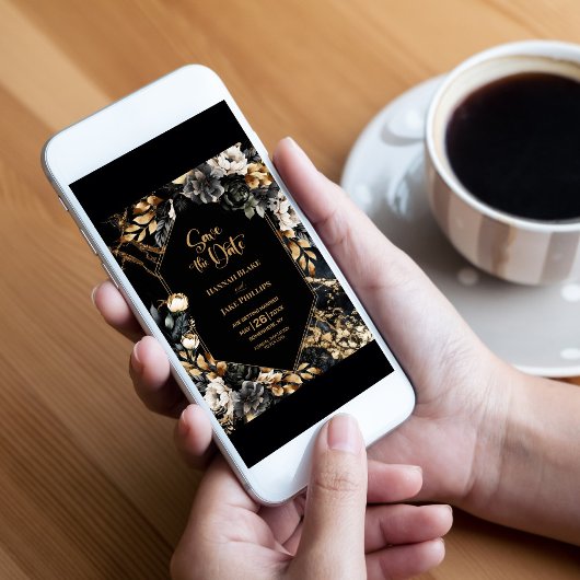 Black Gold Floral Geometric Wedding Save The Date