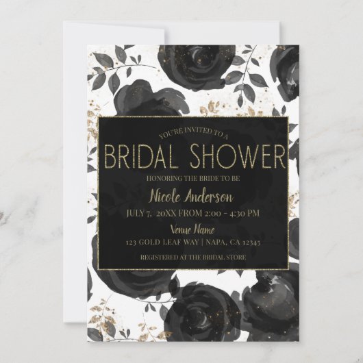 Black Gold Floral Glam Blätter Brautparty Einladung (Vorderseite)