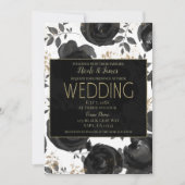 Black Gold Floral Glam Blätter Hochzeit Einladung (Vorderseite)