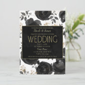 Black Gold Floral Glam Blätter Hochzeit Einladung (Stehend Vorderseite)