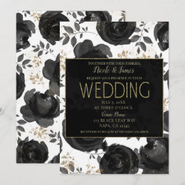 Black Gold Floral Glam Blätter Hochzeit Einladung