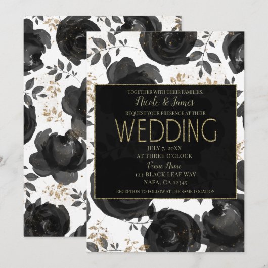 Black Gold Floral Glam Blätter Hochzeit Einladung (Vorne/Hinten)