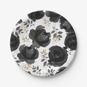 Black Gold Floral Glam Blätter Hochzeit Pappteller