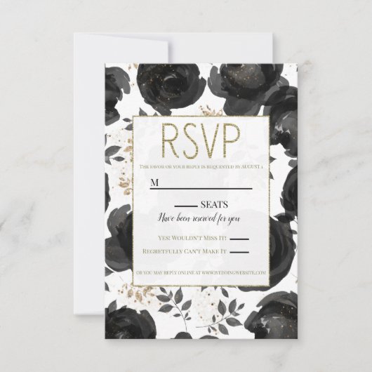 Black Gold Floral Glam Blätter Hochzeit RSVP Karte (Vorderseite)