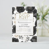 Black Gold Floral Glam Blätter Hochzeit RSVP Karte (Stehend Vorderseite)