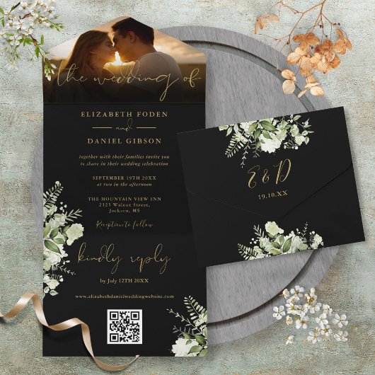 Black Gold Floral Greenery QR Code Wedding Foto All In One Einladung