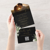 Black Gold Floral Greenery QR Code Wedding Foto All In One Einladung (Abreißen)