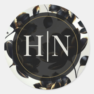 Black & Gold Floral Greige Elegante Hochzeit Runder Aufkleber
