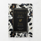 Black & Gold Floral Greige Wedding Dreifach Gefaltete Einladung (Cover)