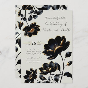 Black & Gold Floral Greige Wedding Einladung
