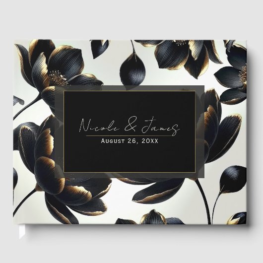 Black & Gold Floral Greige Wedding Gästebuch (Vorderseite)