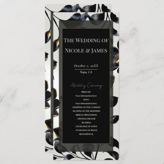 Black & Gold Floral Greige Wedding Programm (Vorne/Hinten)