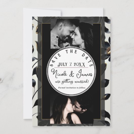 Black & Gold Floral Greige Wedding Save the Date (Vorderseite)